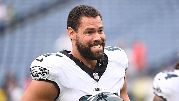 Aug 15, 2024; Foxborough, MA, USA; Philadelphia Eagles tight end C.J. Uzomah (87) warms up before a game against the New England Patriots at Gillette Stadium. Mandatory Credit: Eric Canha-Imagn Images Aug 15, 2024; Foxborough, MA, USA; Philadelphia Eagles tight end C.J. Uzomah (87) warms up before a game against the New England Patriots at Gillette Stadium. Mandatory Credit: Eric Canha-Imagn Images