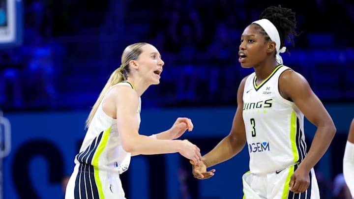 Dallas Wings guards Kaila Charles (3) and Paige Bueckers (5) during the second half against the Golden State Valkyries at College Park Center.