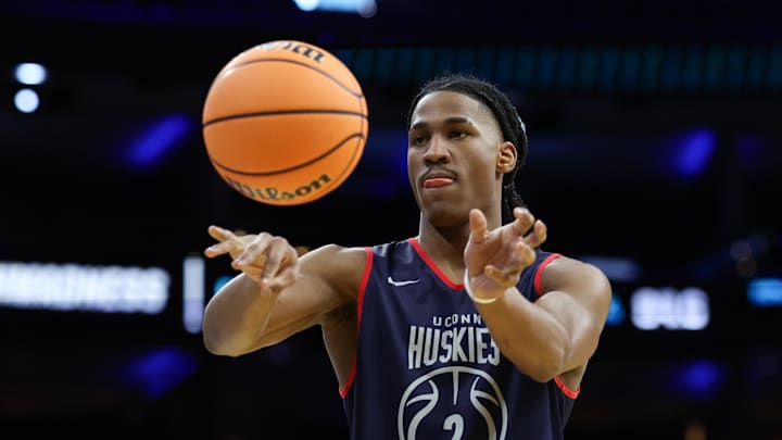 Mar 19, 2026; Philadelphia, PA, USA; UConn Huskies guard Silas Demary Jr. (2) passes the ball during a practice session ahead of the first round of the men's 2026 NCAA Tournament at Xfinity Mobile Arena. Mandatory Credit: Bill Streicher-Imagn Images Mar 19, 2026; Philadelphia, PA, USA; UConn Huskies guard Silas Demary Jr. (2) passes the ball during a practice session ahead of the first round of the men's 2026 NCAA Tournament at Xfinity Mobile Arena. Mandatory Credit: Bill Streicher-Imagn Images
