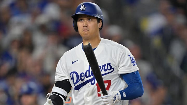 Apr 14, 2026; Los Angeles, California, USA;  Los Angeles Dodgers two-way player Shohei Ohtani (17) reacts after a strike in the sixth inning against the New York Mets at Dodger Stadium. Mandatory Credit: Jayne Kamin-Oncea-Imagn Images