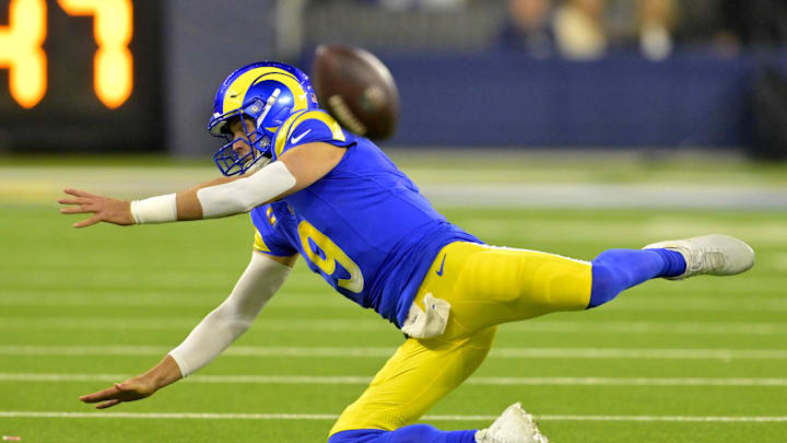 Dec 28, 2024; Inglewood, California, USA;   Los Angeles Rams quarterback Matthew Stafford (9) throws an incomplete pass against the Arizona Cardinals at SoFi Stadium. Mandatory Credit: Jayne Kamin-Oncea-Imagn Images