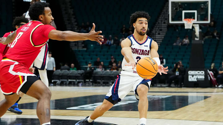 Nov 25, 2025; Las Vegas, NV, USA; Gonzaga Bulldogs guard Braeden Smith (3) passes the ball in the first half against Maryland Terrapins in a 2025 Players Era Festival group play game at MGM Grand Garden Arena.