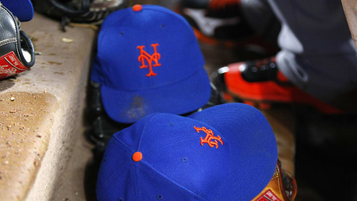 Sep 10, 2015; Atlanta, GA, USA; Detailed view of New York Mets hats in the dugout against the Atlanta Braves in the sixth inning at Turner Field. Mandatory Credit: Brett Davis-Imagn Images