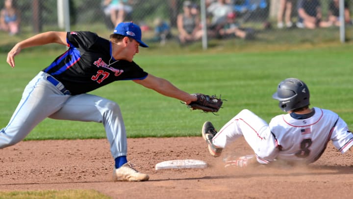 SOUTH YARMOUTH -- 08/02/21 -- Zach Lew, of Yarmouth-Dennis Red Sox, arrives at second ahead of the tag by Danny Serretti, of Chatham Anglers.
Y D Chatham Cape League SOUTH YARMOUTH -- 08/02/21 -- Zach Lew, of Yarmouth-Dennis Red Sox, arrives at second ahead of the tag by Danny Serretti, of Chatham Anglers.
Y D Chatham Cape League