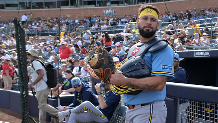 Feb 23, 2026; Peoria, Arizona, USA;  Milwaukee Brewers catcher Gary Sanchez (99) walks out of the dugout in the fourth inning against the San Diego Padres at Peoria Sports Complex. Mandatory Credit: Jayne Kamin-Oncea-Imagn Images