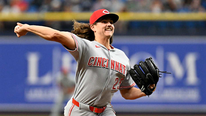 Apr 20, 2026; St. Petersburg, Florida, USA; Cincinnati Reds starting pitcher Rhett Lowder (25) throws a pitch in the first inning against the Tampa Bay Rays at Tropicana Field. Mandatory Credit: Jonathan Dyer-Imagn Images