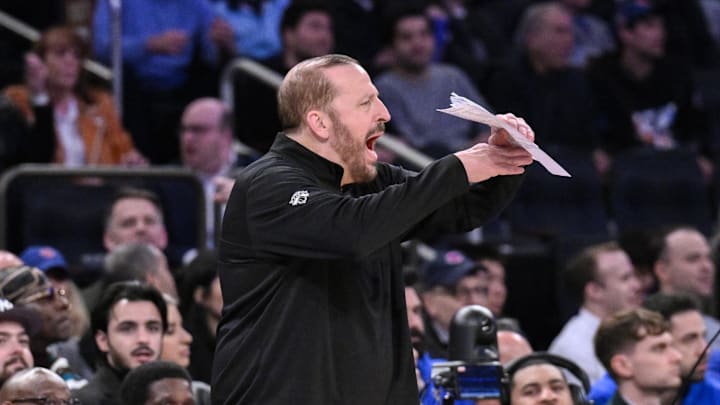 New York Knicks head coach Tom Thibodeau calls a timeout during the first half against the Philadelphia 76ers. Mandatory Credit: John Jones-Imagn Images