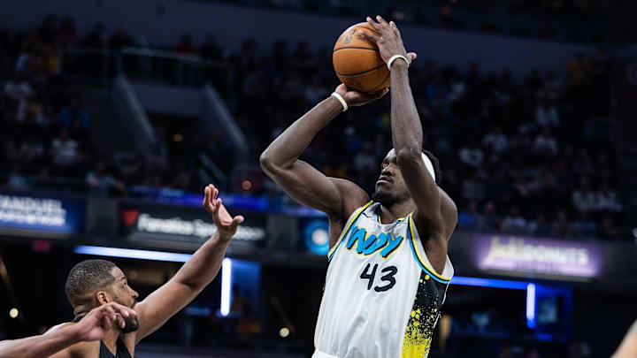 Apr 10, 2025; Indianapolis, Indiana, USA; Indiana Pacers forward Pascal Siakam (43) shoots the ball while Cleveland Cavaliers center Tristan Thompson (13) defends in the second half at Gainbridge Fieldhouse. Mandatory Credit: Trevor Ruszkowski-Imagn Images Apr 10, 2025; Indianapolis, Indiana, USA; Indiana Pacers forward Pascal Siakam (43) shoots the ball while Cleveland Cavaliers center Tristan Thompson (13) defends in the second half at Gainbridge Fieldhouse. Mandatory Credit: Trevor Ruszkowski-Imagn Images