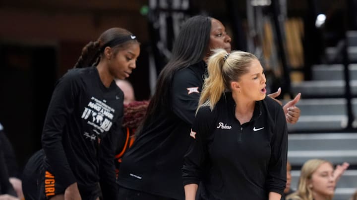 Oklahoma State head women's basketball coach Jacie Hoyt reacts to a call in the first half of the college basketball game between the Oklahoma State University Cowgirls and the Colorado Buffaloes at Gallagher-Iba Arena in Stillwater, Okla., Saturday, Feb., 22, 2025.