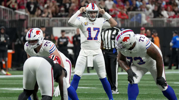 Oct 13, 2025; Atlanta, Georgia, USA; Buffalo Bills quarterback Josh Allen (17) at the line of scrimmage against the Atlanta Falcons
