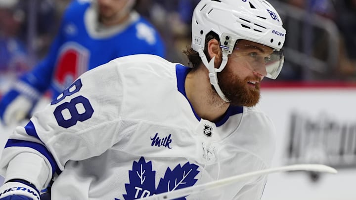 Jan 12, 2026; Denver, Colorado, USA; Toronto Maple Leafs right wing William Nylander (88) reacts to a the third period goal scored against the Colorado Avalanche at Ball Arena. Mandatory Credit: Ron Chenoy-Imagn Images