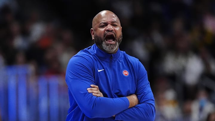 Dec 28, 2024; Denver, Colorado, USA; Detroit Pistons head coach J.B. Bickerstaff calls out in the second quarter against the Denver Nuggets at Ball Arena. Mandatory Credit: Ron Chenoy-Imagn Images