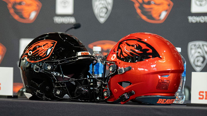 Oregon State football helmets sit on a table before the introductory press conference of the hiring of its new head football coach, JaMarcus Shephard, at Reser Stadium on Tuesday, Dec. 2, 2025, in Corvallis, Ore.