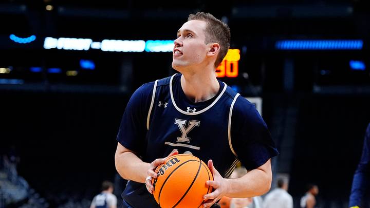 Mar 19, 2025; Denver, CO, USA; Yale Bulldogs forward Nick Townsend (42) during practice at Ball Arena. Mandatory Credit: Ron Chenoy-Imagn Images