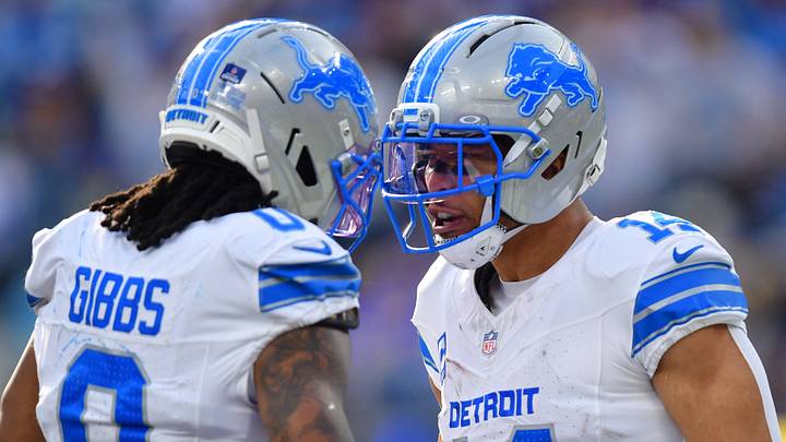 Dec 14, 2025; Inglewood, California, USA; Detroit Lions running back Jahmyr Gibbs (0) and Detroit Lions wide receiver Amon-Ra St. Brown (14) celebrate after a catch during the first quarter against the Los Angeles Rams at SoFi Stadium. Mandatory Credit: Gary A. Vasquez-Imagn Images Dec 14, 2025; Inglewood, California, USA; Detroit Lions running back Jahmyr Gibbs (0) and Detroit Lions wide receiver Amon-Ra St. Brown (14) celebrate after a catch during the first quarter against the Los Angeles Rams at SoFi Stadium. Mandatory Credit: Gary A. Vasquez-Imagn Images