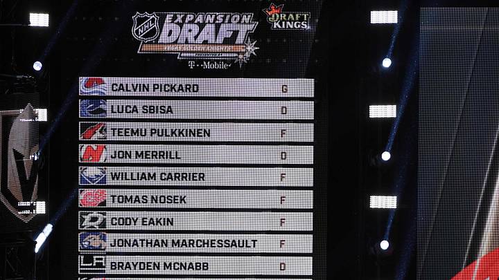 A general view as the Vegas Golden Knights roster is revealed during the 2017 NHL Awards and Expansion Draft at T-Mobile Arena. Mandatory Credit: Stephen R. Sylvanie-USA TODAY Sports A general view as the Vegas Golden Knights roster is revealed during the 2017 NHL Awards and Expansion Draft at T-Mobile Arena. Mandatory Credit: Stephen R. Sylvanie-USA TODAY Sports