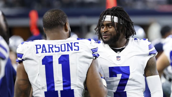 Sep 27, 2021; Arlington, Texas, USA;  Dallas Cowboys linebacker Micah Parsons (11) and cornerback Trevon Diggs (7) laugh during the game against the Philadelphia Eagles at AT&T Stadium. Mandatory Credit: Kevin Jairaj-Imagn Images