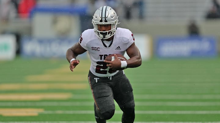 Oct 14, 2023; West Point, New York, USA; Troy Trojans running back Kimani Vidal (28) carries the