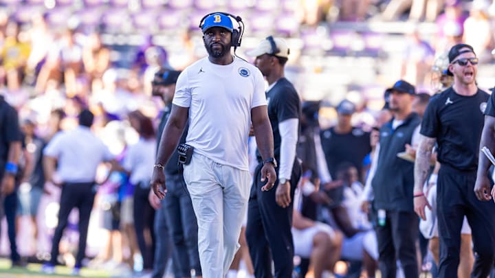 Sep 21, 2024; Baton Rouge, Louisiana, USA;  UCLA Bruins head coach DeShaun Foster looks on during the second half against the LSU Tigers at Tiger Stadium. Mandatory Credit: Stephen Lew-Imagn Images
