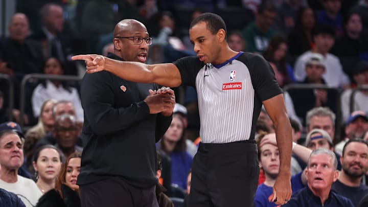 Dec 21, 2025; New York, New York, USA;  New York Knicks head coach Mike Brown argues with an official in the first quarter against the Miami Heat at Madison Square Garden. Mandatory Credit: Wendell Cruz-Imagn Images