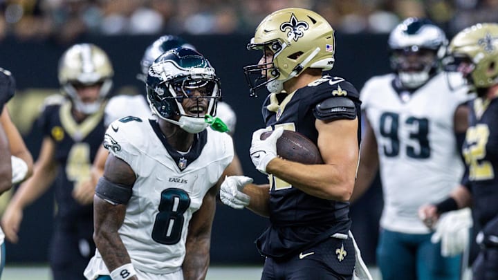 Philadelphia Eagles safety C.J. Gardner-Johnson (8) yells at New Orleans Saints tight end Foster Moreau (87) during the first half at Caesars Superdome. 