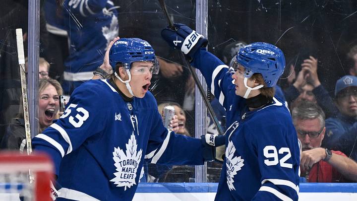 Sep 30, 2026; Toronto, Ontario, CAN; Toronto Maple Leafs forward Easton Cowan (53) celebrates with forward Gavin McKenna (92) after scoring a goal against the New York Islanders in the first period at Scotiabank Arena. Mandatory Credit: Dan Hamilton-Imagn Images Sep 30, 2026; Toronto, Ontario, CAN; Toronto Maple Leafs forward Easton Cowan (53) celebrates with forward Gavin McKenna (92) after scoring a goal against the New York Islanders in the first period at Scotiabank Arena. Mandatory Credit: Dan Hamilton-Imagn Images