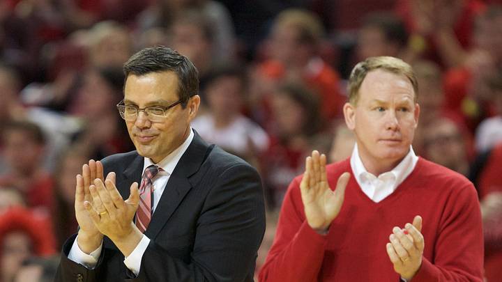 Mar 5, 2017; Lincoln, NE, USA; Nebraska Cornhuskers head coach Tim Miles and athletic director Shawn Eichorst  walk on the court prior o the game against the Michigan Wolverines in the first half at Pinnacle Bank Arena. Mandatory Credit: Bruce Thorson-USA TODAY Sports