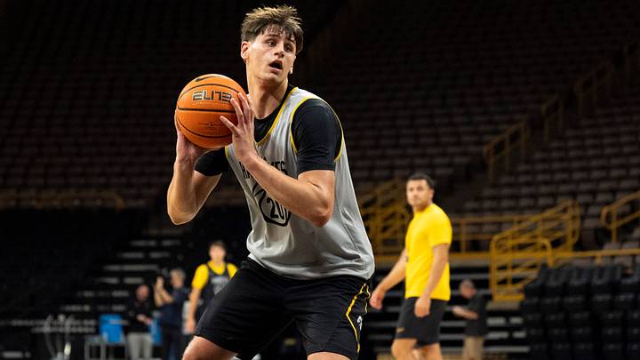 Iowa forward Trey Thompson (20) participates in a drill Oct. 12, 2026 during an Iowa men’s basketball open practice at Carver-Hawkeye Arena in Iowa City, Iowa.