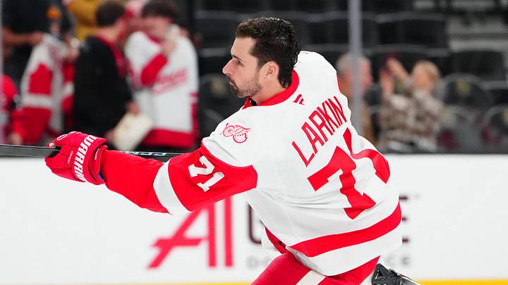 Nov 4, 2025; Las Vegas, Nevada, USA; Detroit Red Wings center Dylan Larkin (71) warms up before a game against the Vegas Golden Knights at T-Mobile Arena. Mandatory Credit: Stephen R. Sylvanie-Imagn Images