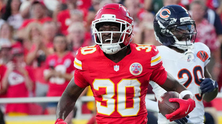 Aug 22, 2025; Kansas City, Missouri, USA; Kansas City Chiefs running back Brashard Smith (30) celebrates after a catch and run against the Chicago Bears during the first half of the game at GEHA Field at Arrowhead Stadium. Mandatory Credit: Denny Medley-Imagn Images