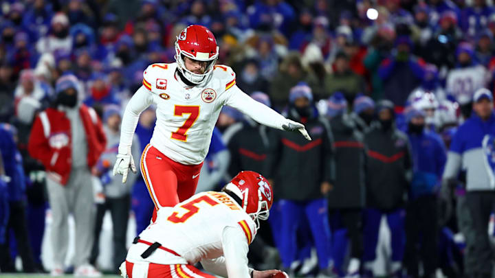 Jan 21, 2024; Orchard Park, New York, USA; Kansas City Chiefs place kicker Harrison Butker (7) kicks