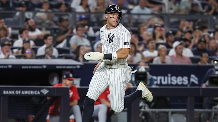 Aug 25, 2025; Bronx, New York, USA;  New York Yankees designated hitter Aaron Judge (99) runs to home plate in the fifth inning against the Washington Nationals at Yankee Stadium. Mandatory Credit: Wendell Cruz-Imagn Images
