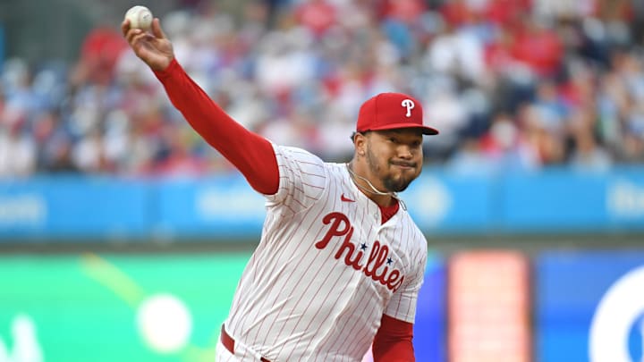 Apr 14, 2025; Philadelphia, Pennsylvania, USA; Philadelphia Phillies pitcher Taijuan Walker (99) throws a pitch during the first inning against the San Francisco Giants at Citizens Bank Park. Mandatory Credit: Eric Hartline-Imagn Images