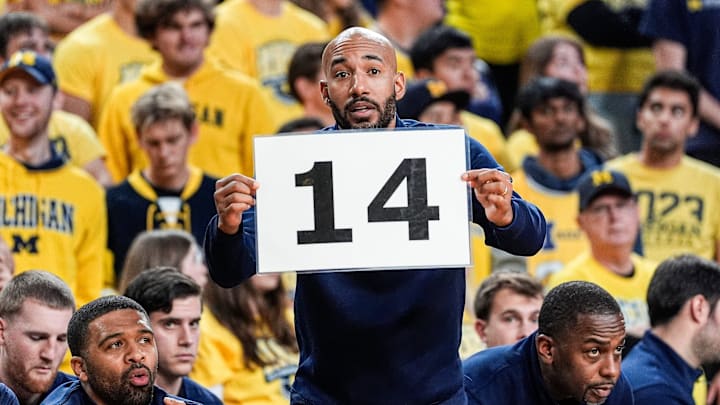 Michigan assistant coach Justin Joyner signals players during the second half against Villanova at Crisler Center in Ann Arbor on Tuesday, Dec. 9, 2025.