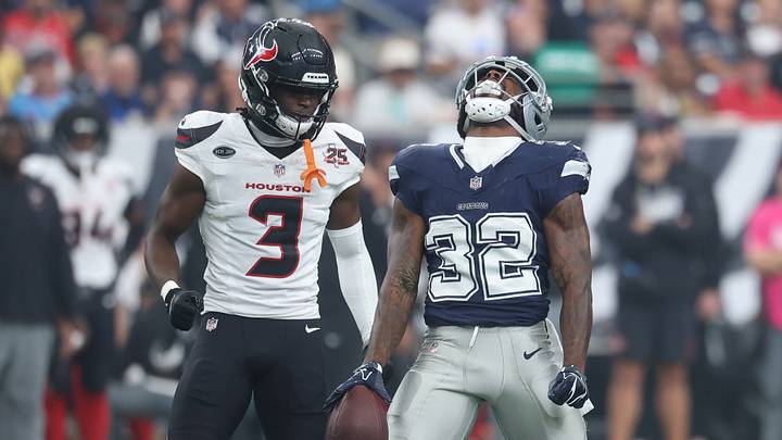 Oct 4, 2026; Houston, Texas, USA; Dallas Cowboys running back Tyler Goodson (32) reacts in front of Houston Texans cornerback Kamari Lassiter (3) after making a first down during the first half at Reliant Stadium. Mandatory Credit: Troy Taormina-Imagn Images Oct 4, 2026; Houston, Texas, USA; Dallas Cowboys running back Tyler Goodson (32) reacts in front of Houston Texans cornerback Kamari Lassiter (3) after making a first down during the first half at Reliant Stadium. Mandatory Credit: Troy Taormina-Imagn Images