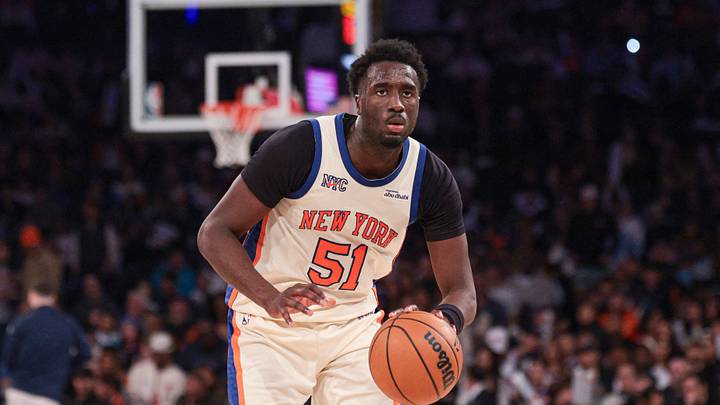 Apr 12, 2026; New York, New York, USA; New York Knicks forward Mohamed Diawara (51) dribbles up court during the second half against the Charlotte Hornets at Madison Square Garden. Mandatory Credit: Vincent Carchietta-Imagn Images Apr 12, 2026; New York, New York, USA; New York Knicks forward Mohamed Diawara (51) dribbles up court during the second half against the Charlotte Hornets at Madison Square Garden. Mandatory Credit: Vincent Carchietta-Imagn Images