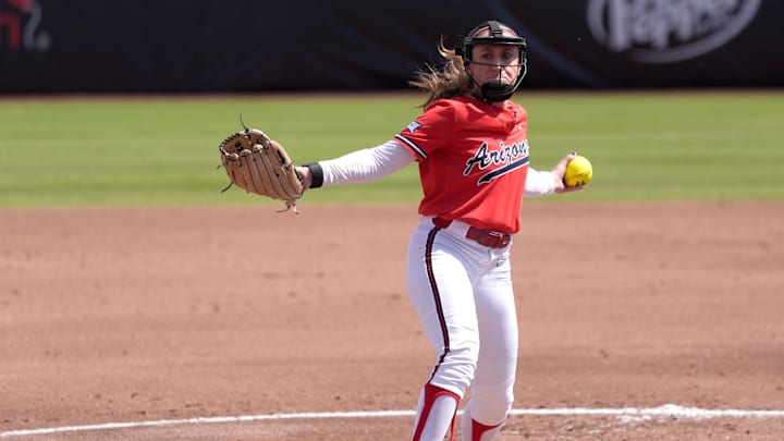 Arizona's Ryan Maddox (6) throws a pass during the 2025 Phillips 66 Big 12 Softball Championship game between Arizona Wildcats and Texas Tech Red Raiders at Devon Park in Oklahoma City, Saturday, May, 10, 2025.
