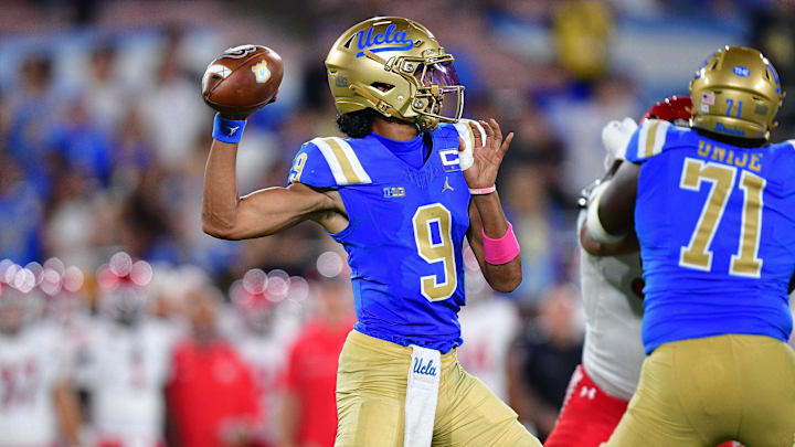 Aug 30, 2025; Pasadena, California, USA; UCLA Bruins quarterback Nico Iamaleava (9) throws against the Utah Utes during the second half at Rose Bowl. Mandatory Credit: Gary A. Vasquez-Imagn Images Aug 30, 2025; Pasadena, California, USA; UCLA Bruins quarterback Nico Iamaleava (9) throws against the Utah Utes during the second half at Rose Bowl. Mandatory Credit: Gary A. Vasquez-Imagn Images