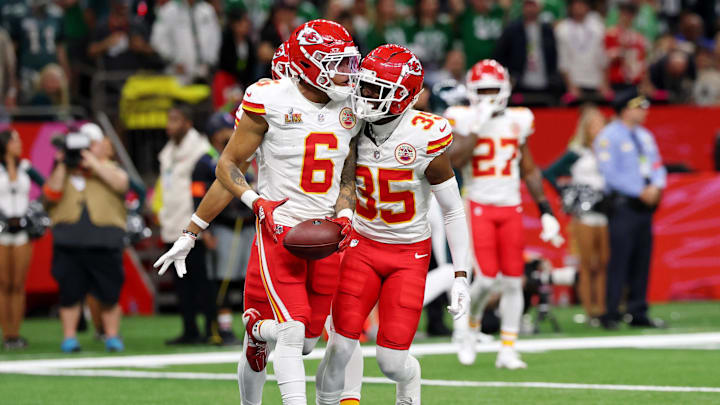 Feb 9, 2025; New Orleans, LA, USA; Kansas City Chiefs safety Bryan Cook (6) is congratulated by cornerback Jaylen Watson (35) after making an interception against the Philadelphia Eagles during the first half of Super Bowl LIX at Caesars Superdome. Mandatory Credit: Geoff Burke-Imagn Images