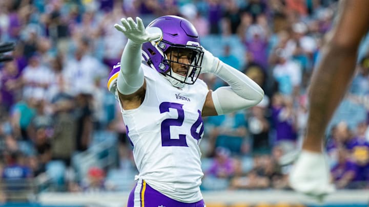 Nov 10, 2024; Jacksonville, Florida, USA; Minnesota Vikings safety Camryn Bynum (24) celebrates his interception against the Jacksonville Jaguars in the fourth quarter at EverBank Stadium. Mandatory Credit: Jeremy Reper-Imagn Images Nov 10, 2024; Jacksonville, Florida, USA; Minnesota Vikings safety Camryn Bynum (24) celebrates his interception against the Jacksonville Jaguars in the fourth quarter at EverBank Stadium. Mandatory Credit: Jeremy Reper-Imagn Images