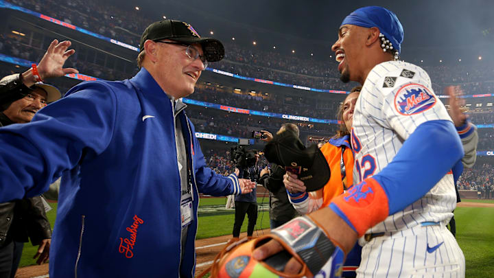 Oct 9, 2024; New York City, New York, USA; New York Mets owner Steve Cohen celebrates with shortstop Francisco Lindor (12) after defeating the Philadelphia Phillies in game four of the NLDS and winning the series 3 games to 1 during the 2024 MLB Playoffs at Citi Field. Mandatory Credit: Brad Penner-Imagn Images Oct 9, 2024; New York City, New York, USA; New York Mets owner Steve Cohen celebrates with shortstop Francisco Lindor (12) after defeating the Philadelphia Phillies in game four of the NLDS and winning the series 3 games to 1 during the 2024 MLB Playoffs at Citi Field. Mandatory Credit: Brad Penner-Imagn Images