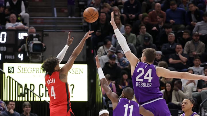 Mar 29, 2024; Salt Lake City, Utah, USA; Houston Rockets guard Jalen Green (4) shoots the ball past Mar 29, 2024; Salt Lake City, Utah, USA; Houston Rockets guard Jalen Green (4) shoots the ball past