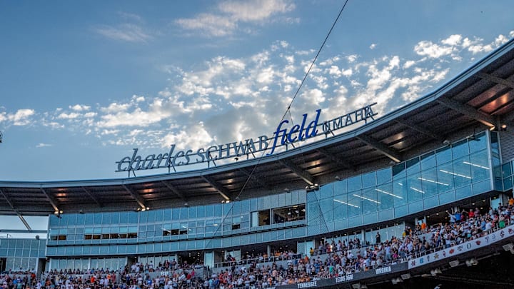Jun 24, 2024; Omaha, NE, USA;  General view of the stadium during the game between the Texas A&M Aggies and the Tennessee Volunteers at Charles Schwab Field Omaha. Mandatory Credit: Steven Branscombe-Imagn Images