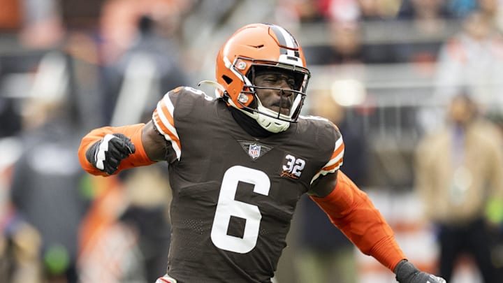 Dec 10, 2023; Cleveland, Ohio, USA; Cleveland Browns linebacker Jeremiah Owusu-Koramoah (6) celebrates a tackle against the Jacksonville Jaguars during the first quarter at Cleveland Browns Stadium. Mandatory Credit: Scott Galvin-Imagn Images