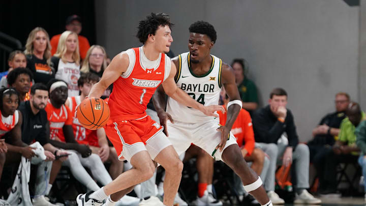 Nov 3, 2025; Waco, Texas, USA; UT Rio Grande Valley Vaqueros guard Always Wright (1) works one Baylor Bears guard Tounde Yessoufou (24) during the second half at Paul and Alejandra Foster Pavilion. Mandatory Credit: Raymond Carlin III-Imagn Images