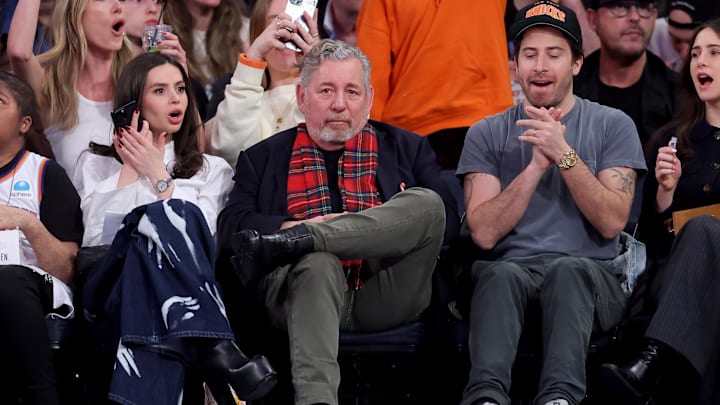New York Knicks owner James Dolan sits court side during the second quarter against the Atlanta Hawks.