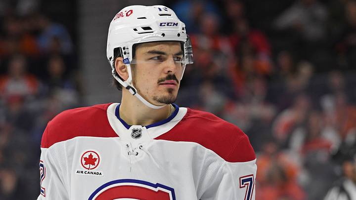 Oct 27, 2024; Philadelphia, Pennsylvania, USA; Montreal Canadiens defenseman Arber Xhekaj (72) against the Philadelphia Flyers at Wells Fargo Center. Mandatory Credit: Eric Hartline-Imagn Images