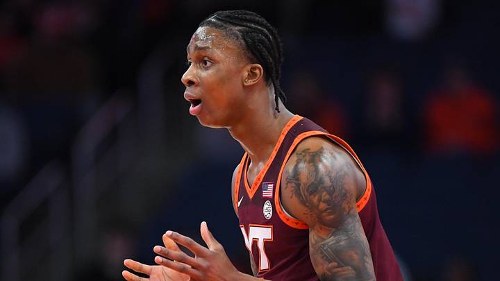 Jan 21, 2026; Syracuse, New York, USA; Virginia Tech Hokies forward Tobi Lawal (1) reacts to a call during the second half against the Syracuse Orange at the JMA Wireless Dome. Mandatory Credit: Rich Barnes-Imagn Images