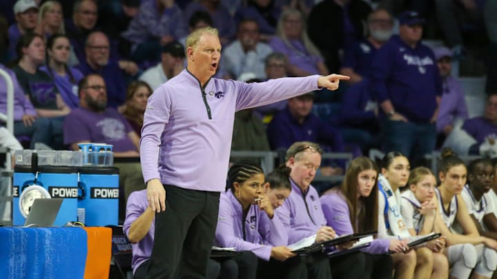Mar 22, 2024; Manhattan, KS, USA;  Kansas State Wildcats head coach Jeff Mittie yells at his team during the fourth quarter against the Portland Pilots at Bramlage Coliseum. Mandatory Credit: Scott Sewell-Imagn Images