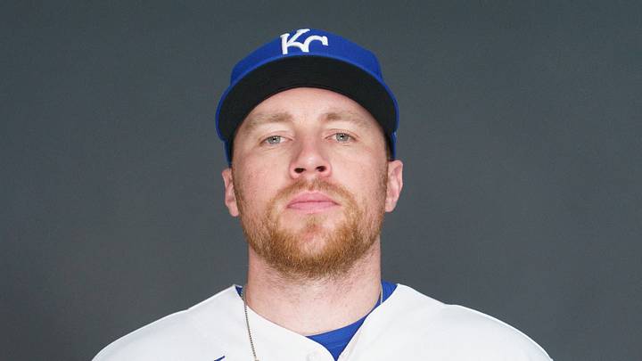 Feb 19, 2026; Surprise, AZ, USA; Kansas City Royals infielder Brandon Drury (24) poses for a photo for MLB media day at Surprise Stadium. Mandatory Credit: Allan Henry-Imagn Images